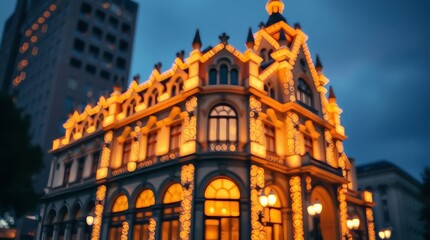 Illuminated Architectural Marvel: A stunning facade of an architectural masterpiece glows with warm light against a twilight backdrop, a visual symphony of elegance and history.