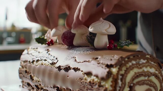 Close up of a pastry chef carefully decorating a festive chocolate Yule log cake with meringue mushrooms and red berries for a Christmas celebration