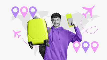 Pop-art collage of emotional traveler with yellow suitcase and passport. Concept of online booking ads, emotional UX, gen z travel promo for web campaigns and mobile interfaces.