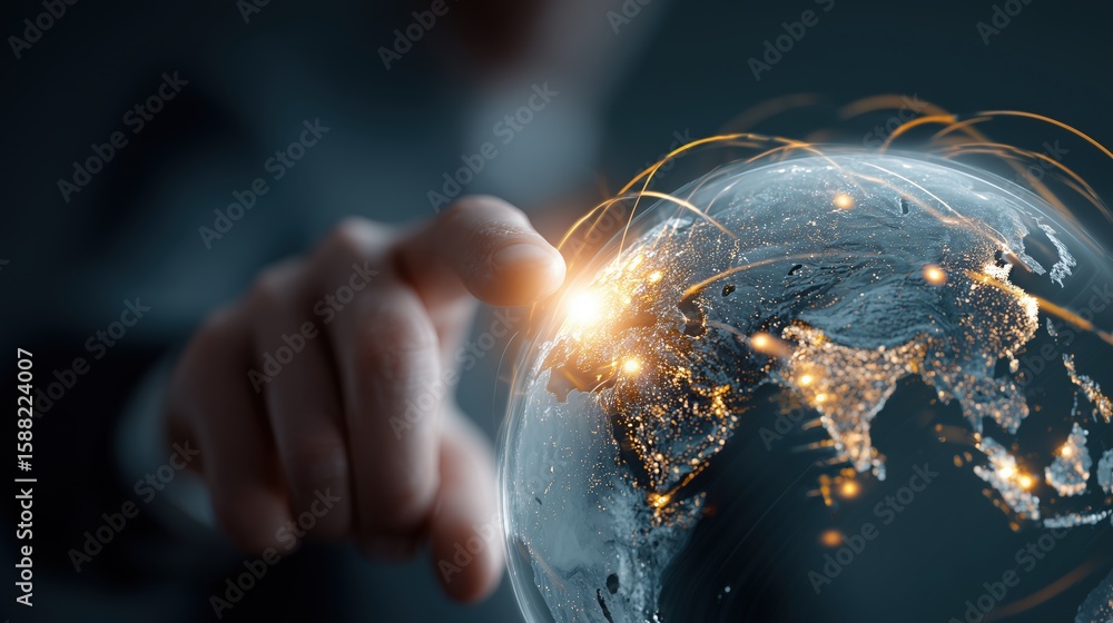 Poster global network and digital touch: a symbolic representation of global connectivity, highlighting the