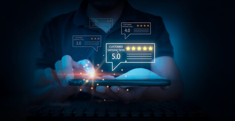 Customer review satisfaction feedback survey concept. User give rating to service experience on online application.