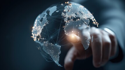 Global Reach: A visionary hand pointing at a luminous globe, symbolizing global connection and technological innovation.