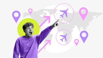 Pop-art style collage of surprised man pointing at travel destinations with map arrows. Concept of...