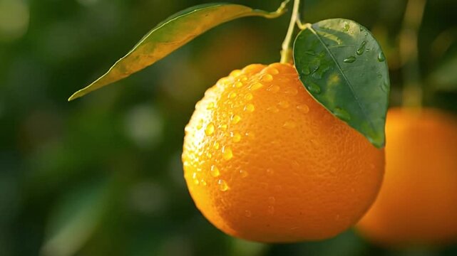 Closeup of a ripe orange covered in water droplets hanging on a branch among green leaves
