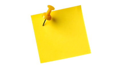 Yellow sticky note attached with pushpin isolated on white or transparent png