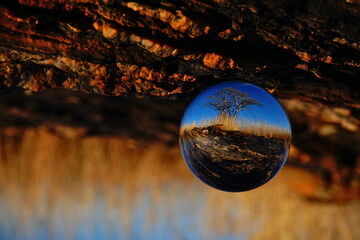 Optical illusion of a tiny landscape inside a glass sphere. Crystal ball photography. 