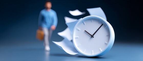 A blurred man with a briefcase walks past a clock with papers flying around it