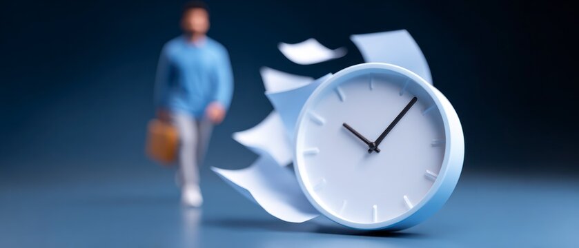 A blurred man with a briefcase walks past a clock with papers flying around it