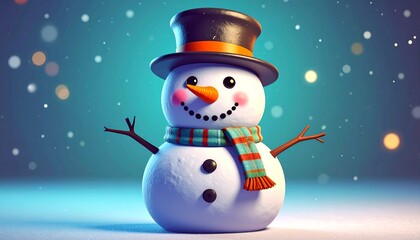 Festive Snowman with Top Hat in a Winter Wonderland, Smiling Snowman with Scarf and Carrot Nose in a Snowy Scene