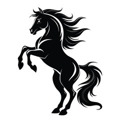 Powerful black horse rearing up in dynamic silhouette