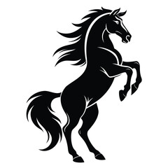 Dynamic black horse silhouette rearing powerfully against a white background