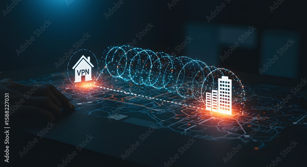 Poster secure digital connection: a conceptual depiction of a vpn connection, illustrated with a house and 