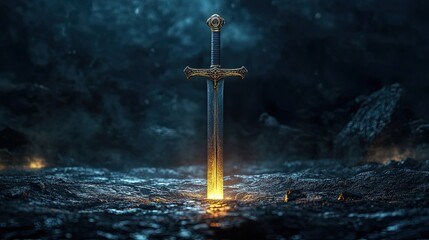 Medieval Sword Standing Upright by Glowing Cross on Dark Battlefield, Symbolizing Courage