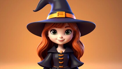 Charming Witch Cartoon Character Ready for Halloween Fun, Adorable Witch with Auburn Hair in a...