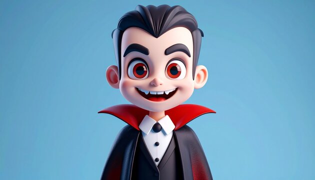 Cute Cartoon Vampire Boy Character Illustration, Smiling Animated Dracula with Black Hair and Red Eyes