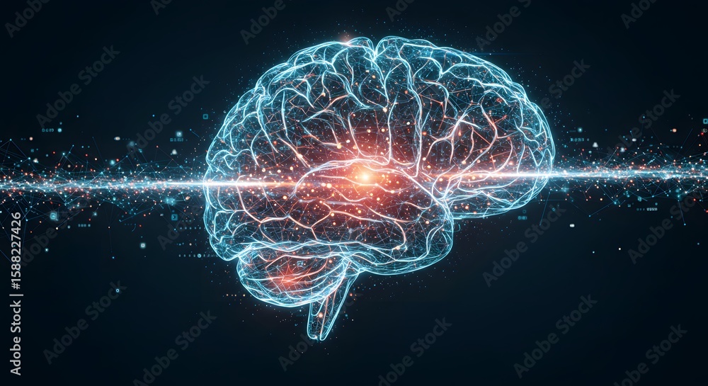 Poster glowing brain illustration with digital network, neuroscience and artificial intelligence concept. f