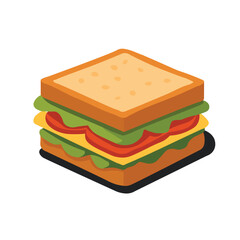 Illustration Vector Graphic Cartoon of a Delicious Classic Sandwich with Lettuce, Tomato, Cheese, and Ham