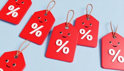Charming Red Discount Tags with Smiling Faces, Playful Red Percentage Signs Against a Soft Blue...