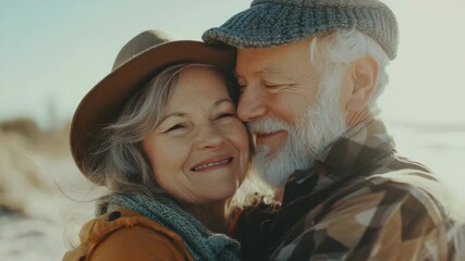 Geriatric couple sharing a warm hug on beach at sunset.
