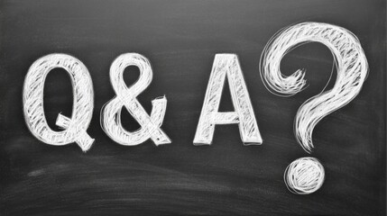classroom blackboard with "Q & A " and question mark symbol written messily, written in white chalk. Minimalist. Designed for presentation slides. 