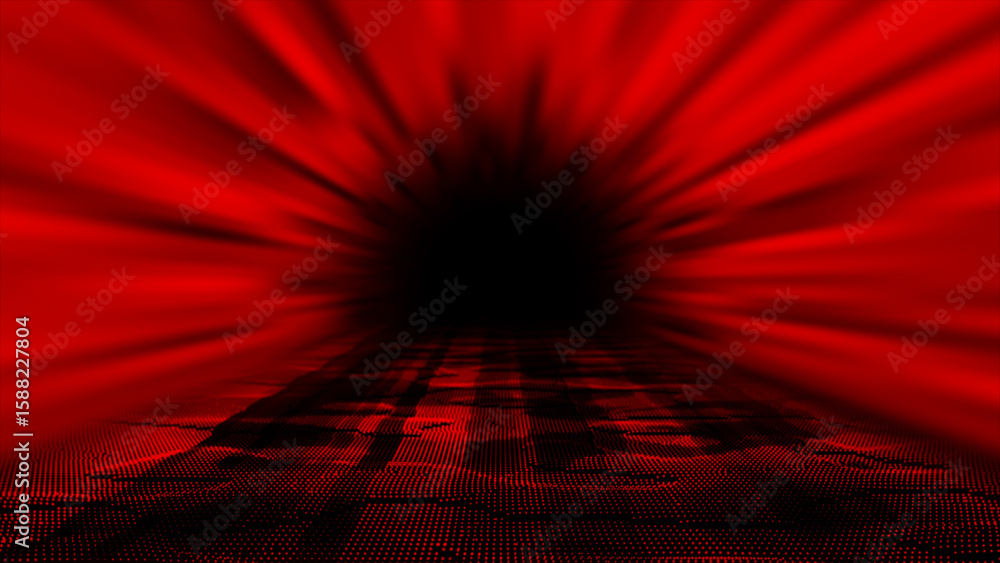 Poster red color hi-tech particles technology background, sci-fi tunnel in dark cyber space