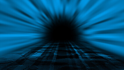 Royal blue color hi-tech particles technology background, sci-fi tunnel in dark cyber space 