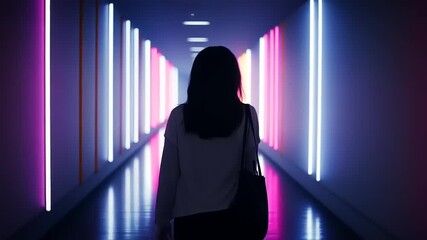 Woman walking through a brightly lit corridor with colorful neon lights, creating a vibrant atmosphere - Powered by Adobe