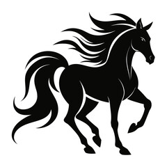 Stylized black silhouette of a powerful horse with flowing mane and tail