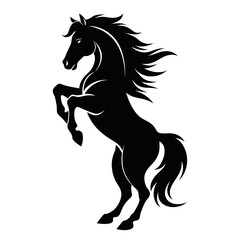 Powerful black silhouette of a rearing horse with flowing mane and tail