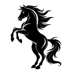 Powerful black stallion rearing up with flowing mane and tail on white background