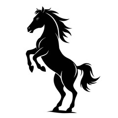 Powerful black silhouette of a rearing horse with a flowing mane and tail