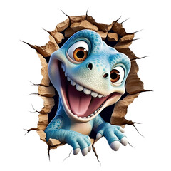 Sticker 3D de Dinosaure Bleu Mignon Sortant d'un Mur Craquelé – Illustration Enfantine et Amusante