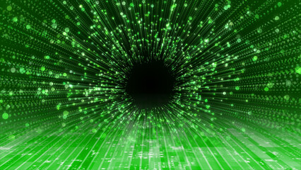 Green color glitter particles technology background, sci-fi tunnel in dark cyber space 
