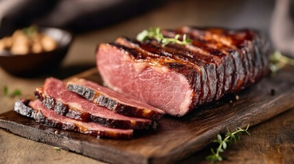 sliced piece of pork on a wooden table