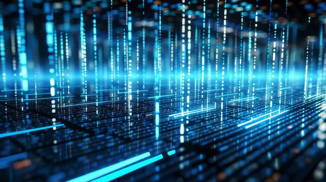 Glowing blue digital data stream with vertical light bars and binary code creating futuristic technology light stream background
