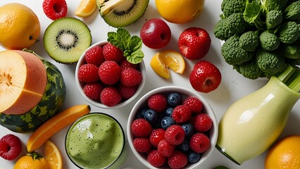 Colorful mix of fresh fruits and vegetables with berries on display