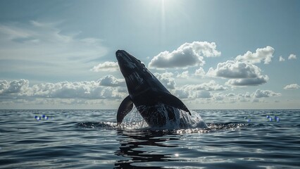 Fototapeta premium A blue whale is jumping up into the sky in the middle of the blue sea. Generative AI Illustration