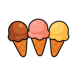 Illustration Vector Graphic Cartoon of a Three Ice Cream Cones – Vanilla, Chocolate, and Strawberry