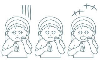 肌の状態を確認する女性のイラスト　悩み・笑顔・うきうき表情3パターンセット　線画