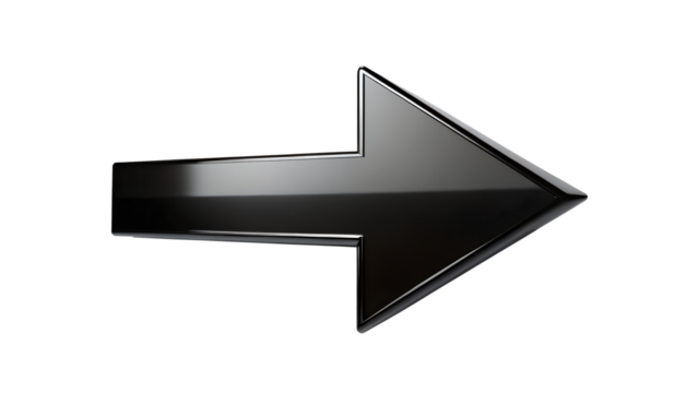 A sleek black arrow pointing right, isolated on transparent background, indicating direction and forward movement