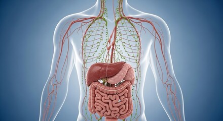 Anatomical Illustration of Human Digestive System and Nervous System in Front View
