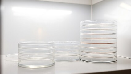 Obraz premium A view of stacks of petri dishes inside of a laboratory setting on a white surface and background