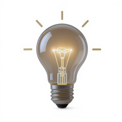 A realistic light bulb with a glowing filament and radiating light on a white background image view