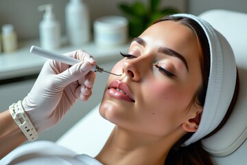 Realistic macro shot in beige tones showing acne treatment and face cleansing in a high-end beauty studio