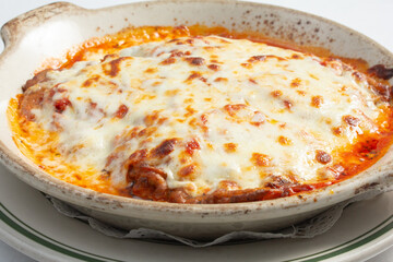 A view of an eggplant parmesan entree.
