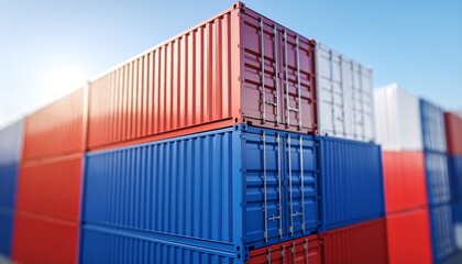 Fototapeta premium Stacked shipping containers in red, blue, and white