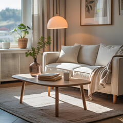 Cozy Living Room Interior: Sunlight streams into a serene living room, illuminating a beige sofa, wooden coffee table, and houseplants. A sense of calm and comfort fills the space.