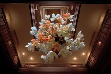 Suspended Floral Arrangement in a Grand Interior Ceiling Space