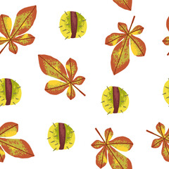 Fall autumn seamless pattern of chestnut yellow leaf in flat style. Forest leaves print