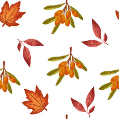 Autumn seamless pattern with sea buckthorn berry and dry orange leaves in flat style. Vector fall background with forest elements